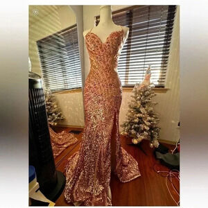 Rose Gold Long Gown Sequin Prom Homecoming Wedding Bridesmaid Formal